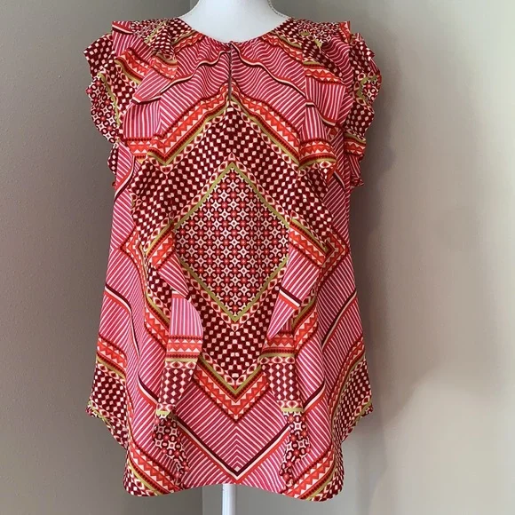 Banana Republic | Moroccan Tile Printed Ruffle Blouse | Pink Multi | XL - Picture 1 of 7